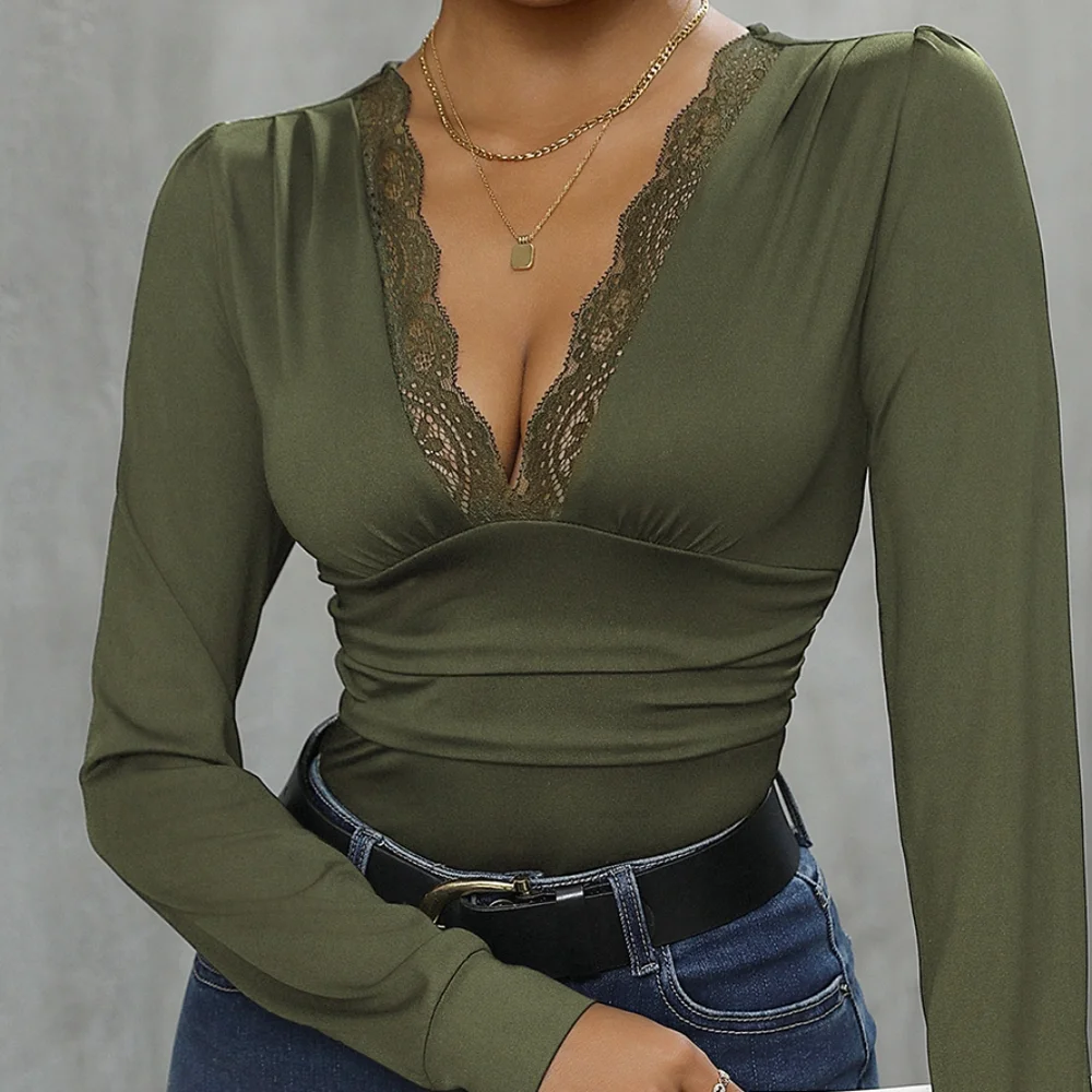 Green Lace Detail Long Sleeve Bodysuit - Picture 8 of 11
